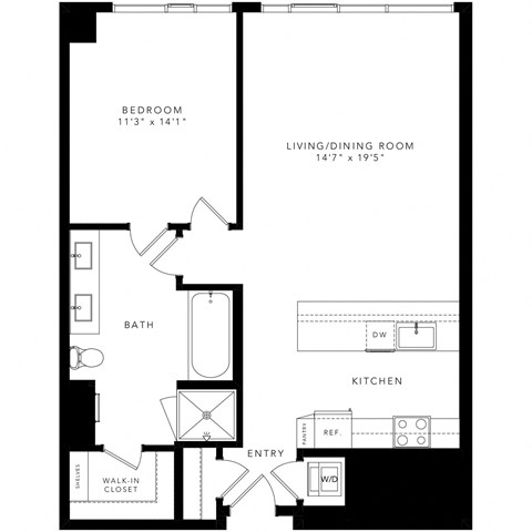 Floor plan for 1 bed, 1 bath, 900 sqft